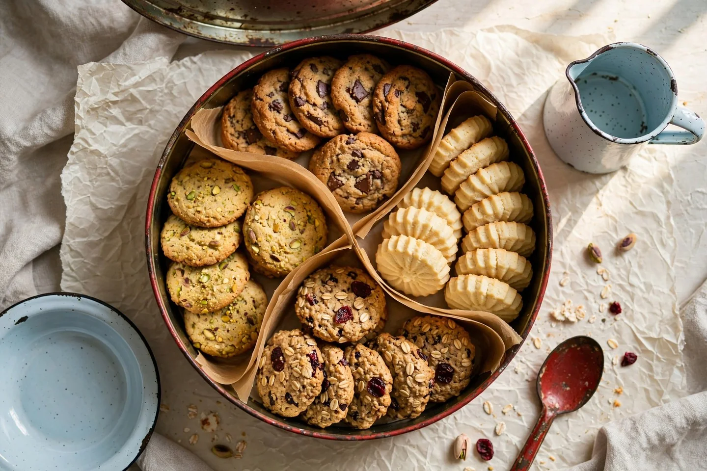 A biscuit tin with cookies arranged in parchment dividers