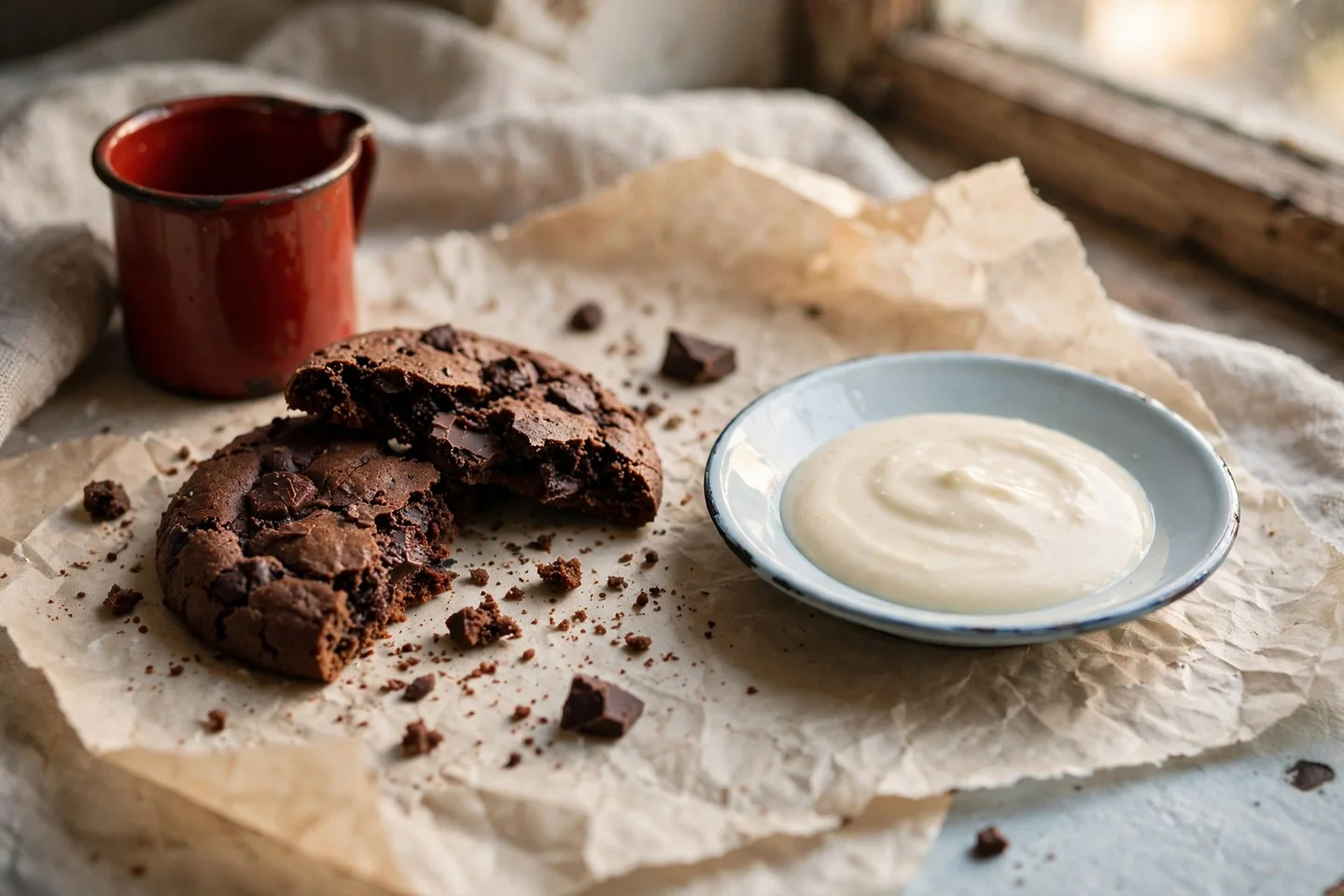 A broken cookie on a saucer