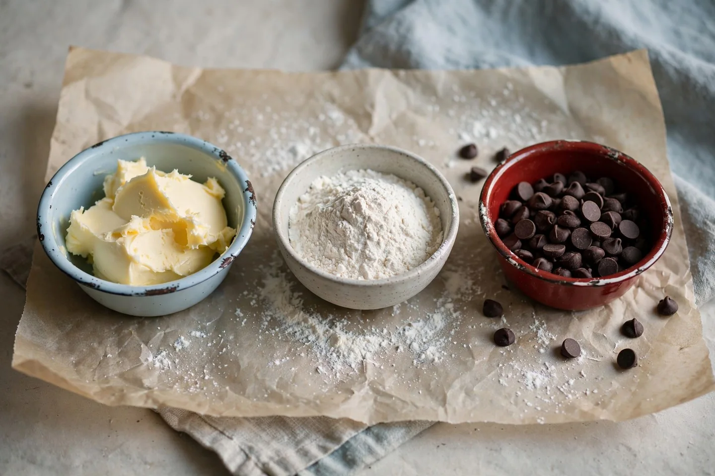 Bowls of butter, flour and chocolate chips