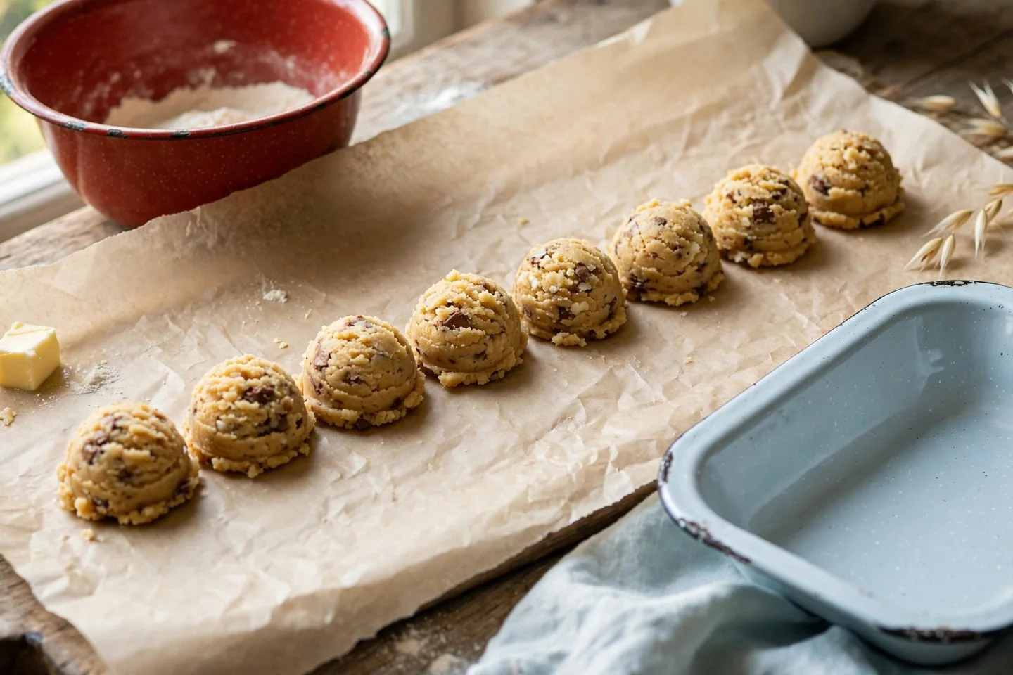 Evenly spaced cookie dough portions on parchment
