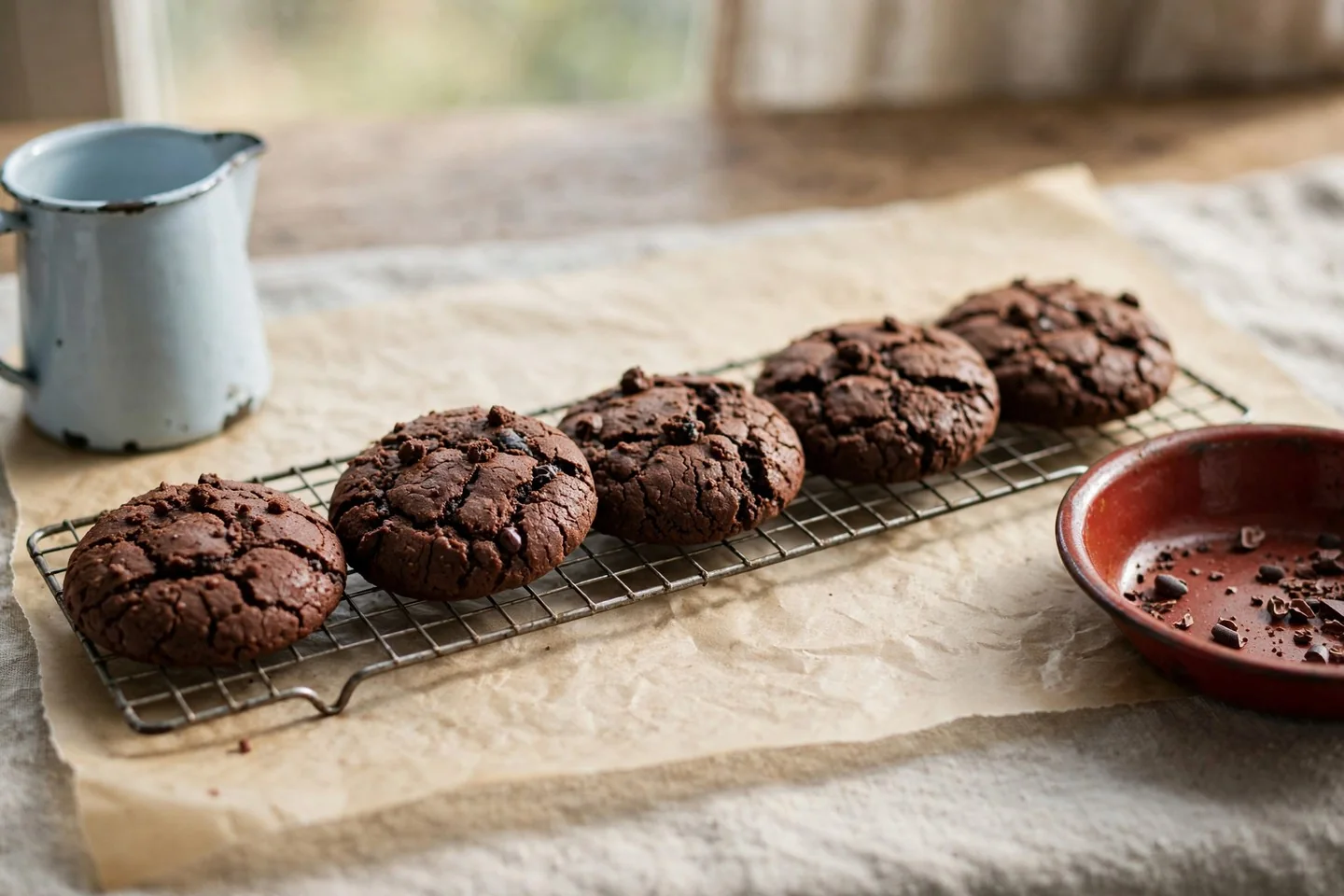 Cocoa cookies on a cooling rack