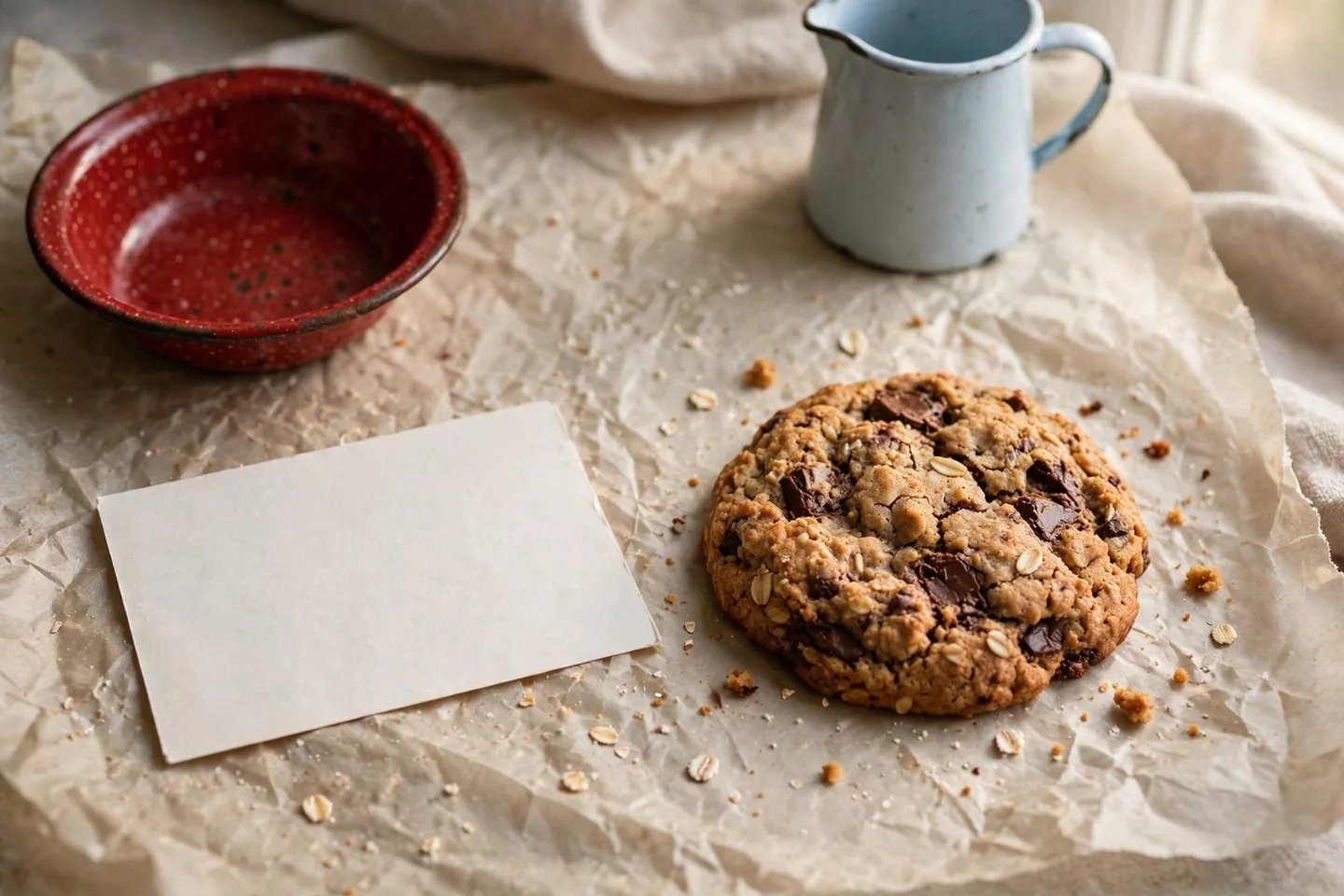 A blank note card beside a cooled cookie