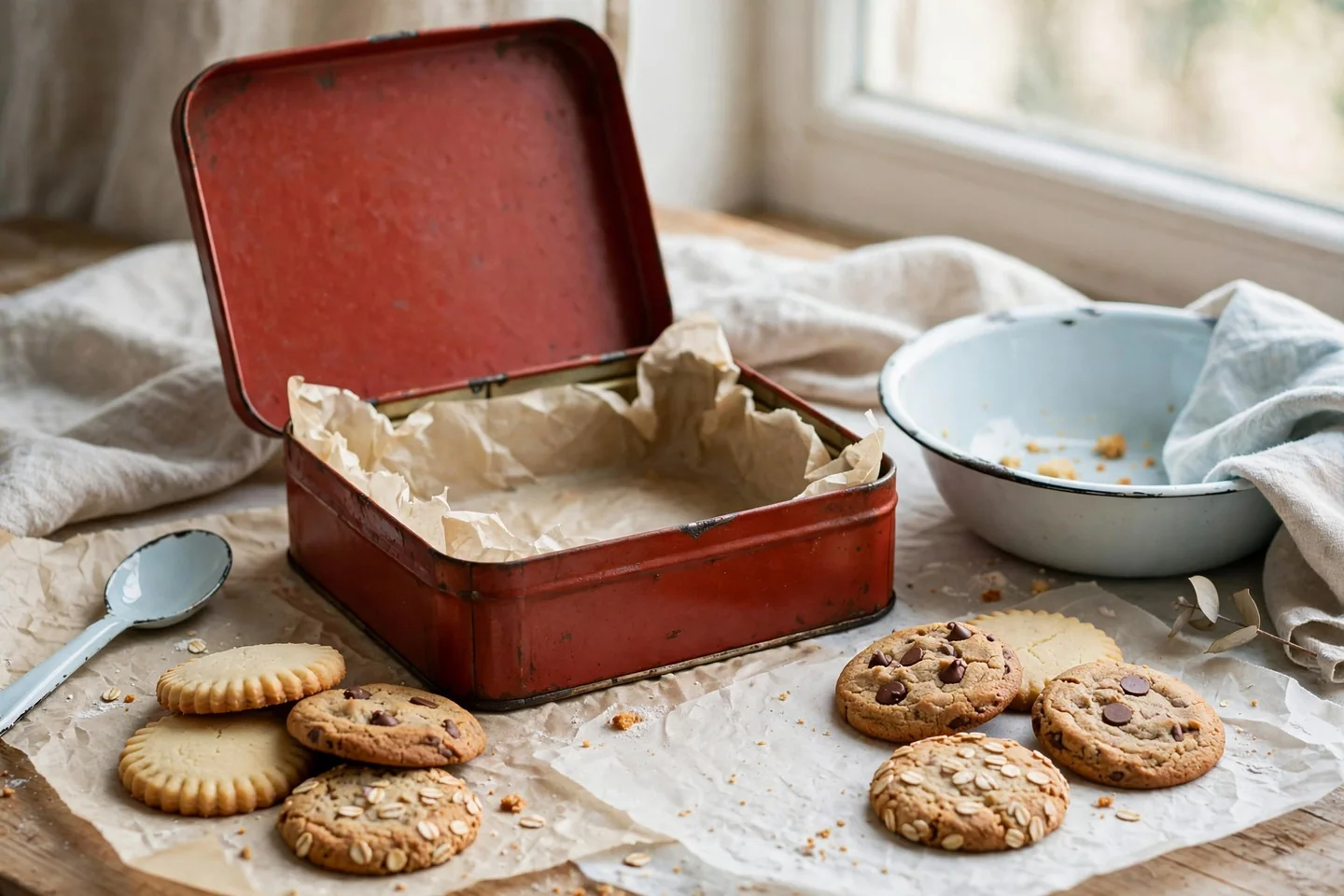 An open rust-red cookie tin