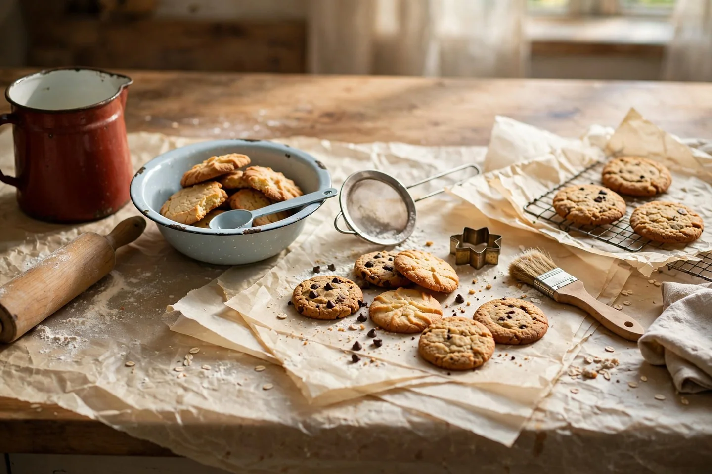 A long baking still life of utensils, parchment and cookies